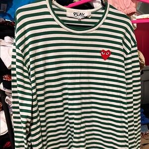 Green and White Striped Long Sleeve Tee with Heart Detail